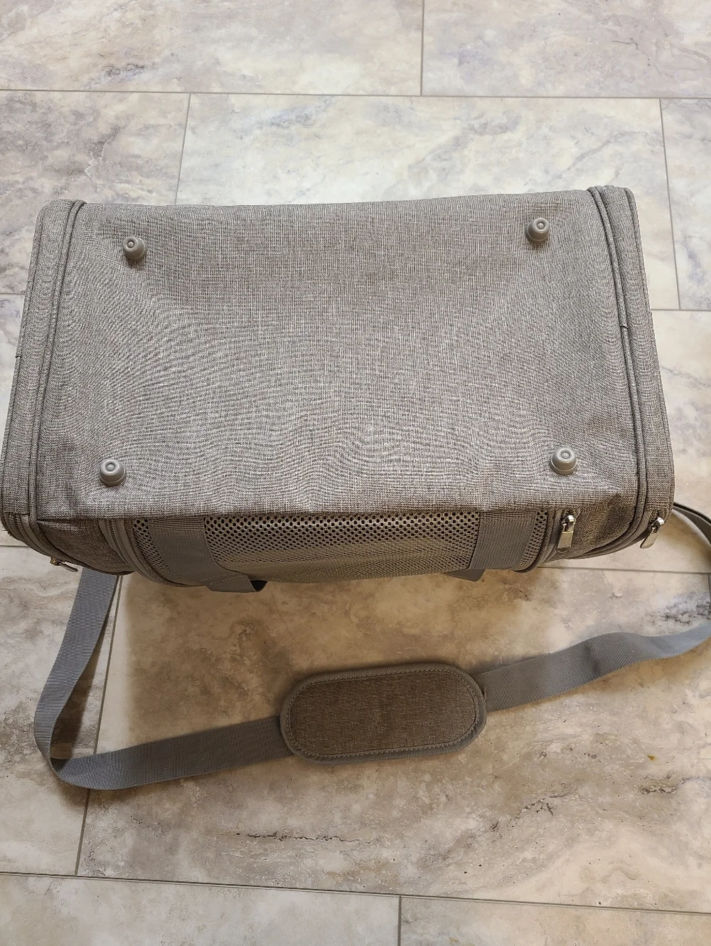 Pet Carrier Soft-Sided Gray Mesh Travel Duffle, Sherpa Pad Zippered Easy Access